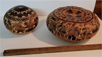 2 carved Peru gourd boxes