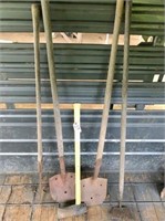 ax, 2 shovels, kizer & hoe