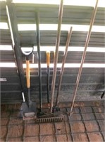 sq. shovel, loppers, rake, grub, hoe