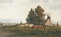 Jeffrey Craven Watercolor of Indian & Horses.