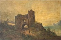 Lg Painting by Hoefner - Ruins of Dolbadern Castle
