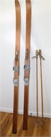 Antique Wooden Snow Skis & Bamboo Poles