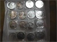 16 silver dollars dated 1990-1991