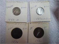 4 Canadian coins: 1891 & 1893 dimes - 1876 & 1920