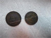 2 antique Canadian coins: 1852 Quebec Bank Token &