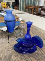 Blue Art Glass Vases, Napkin Holder & Gravy Boat