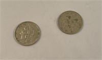 Nickel three cent pieces, 1866, 1867