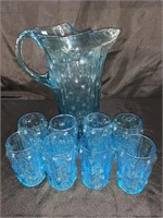 MID-CENTURY BLUE GLASS PITCHER & 8 GLASSES