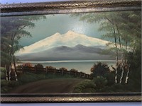 ANTIQUE FRAMED SNOW CAPPED MOUNTAIN PAINTING