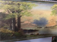 ANTIQUE ORIGINAL PAINTING ON BOARD OF BOAT ON LAKE