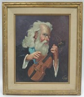 Old Man W/ Violin Framed Oil Painting