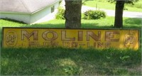 10' sign: Moline Plow Co-Line. Rustic metal/wood