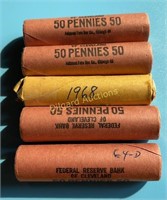 (4) 1964-D + 1968 Bank wrap rolls of Lincoln cents