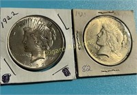 1922-P, 23-P Peace Dollars Both w/ nice luster HG