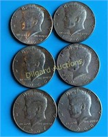 (6) 40% silver Kennedy Halves  1965-69