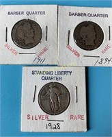 (3) Barber Quarters, (3) Standing Liberty Qtrs