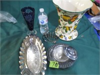 Silver Items & Flower Vase & Blue Vase has chip