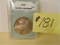 1922 Peace Silver Dollar Cert. NTC MS65