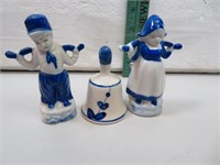 3 Vtg Delft Pieces Boy & Girl 4" (Japan) 3" Bell