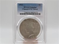 1923 PCGS GENUINE PEACE DOLLAR CLEANED UNC DETAIL