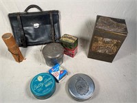antique leather satchel, old tins & more