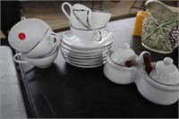 Silver rimmed cups & saucers, sugar, creamer