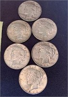 6 assorted dates Peace Dollars