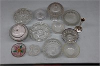 Big lot of clear glass dishes & silver bud vase