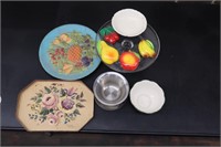 Glass cake stand, bowls, fruit plates, misc