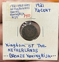 1921 Netherlands Bronz Koningrijk 1/2 Cent Coin