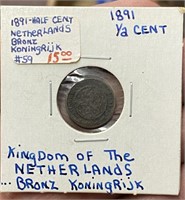 1891 Netherlands Bronz Koningrijk 1/2 Cent Coin