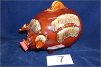 HULL POTTERY CORKY PIG BANK BROWN & TURQUOISE 1957