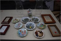 Collectible plates, hurricane glasses, frames