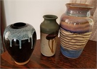 3 Pottery Vases, 1 Signed