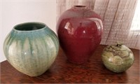 3 Signed Pottery Vases. 3.5" to 7.5" Tall