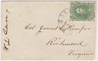 CSA Stamp Cover #1 tied by Tudor Hall VA (Manassas