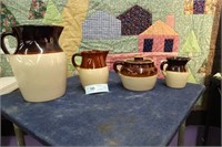 SET OF 4 BROWN & WHITE PITCHERS & COVERED POT