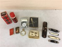 Pocket knives, pocket watches, lighter, jewelry,