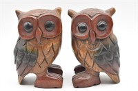 (2) Carved Dark Wood Owls-Made in Thailand