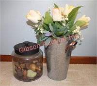 Galvanized Pail w/ Silk Flowers & Canister