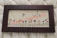 Antique Framed Hand Stitched Hummingbird & Flowers