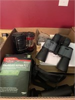 Box lot. Binoculars. Fiberglass repair kit.