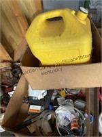 2 boxes of garage items. Gas jugs. Tools. Misc