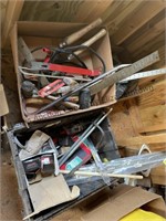 2 boxes of garage items and tools. Jumper cables.