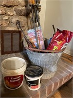 Ash bucket with fireplace items and tools. New