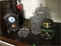 Canisters And Decor Clock, Glassware Assortment