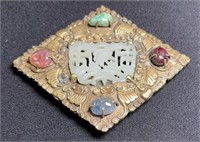 Antique Goldtone Chinese Jade and Stone Brooch