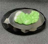 Jade Carving on Black Onyx (?) Brooch