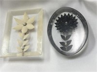 Two Reverse-Carved and Painted Pins in Lucite