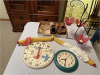 Therometer, clock, Wooden Shoes, etc